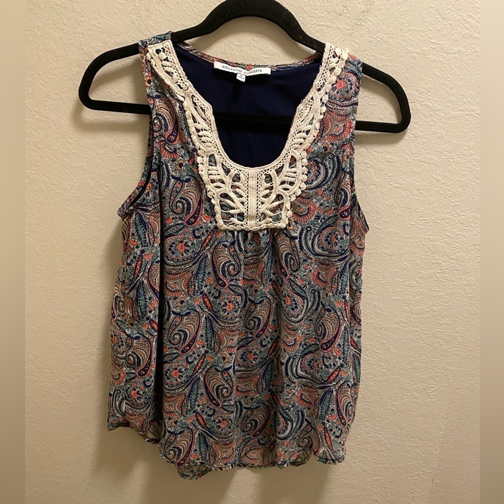 Collective Concepts Paisley Blouse With Crochet Trim.